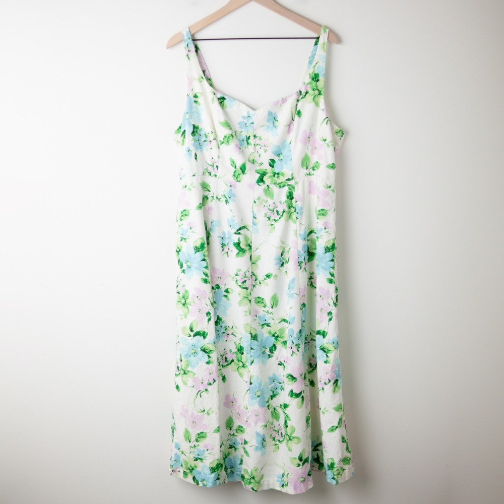 Old Navy Linen‎ Floral Midi Dress XL White Fit Flare Sweetheart Pockets Smocked